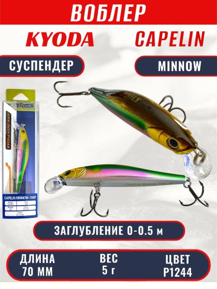 Воблер KYODA Capelin Minnow-70SP длина 7,0 см вес 5.0 гр цвет P1244 заглубление 0-0.5 м