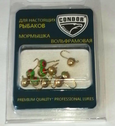 Мормышка вольфрамовая Condor Полусфера с ушком d 4,0 мм, вес 0,57 гр, золото зелено-красный фосфорный глаз 10 шт