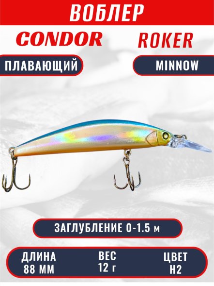 Воблер CONDOR Roker Minnow размер 88 мм, вес 12.0 гр, заглубление 0-1.5 m, цвет H2