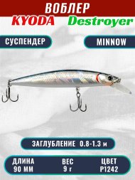 Воблер KYODA Destroyer Minnow-90SP, длина 9,0 см, вес 9.0 гр цвет P1242, заглубление 0,8-1.3 м