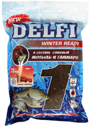 Прикормка DELFI зимняя Ice Ready увлажненная универсал. креветка, красная + БЛЕСТКИ, 500 г